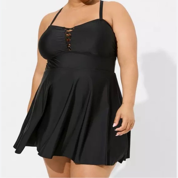 torrid Black Lattice Front Peplum Long Swim Dress 00 (10) NEW - Picture 1 of 5